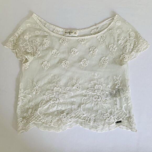 Abercrombie & Fitch Tops - Abercrombie & Fitch Crop Top Women XS Beige Sheer Floral Lace Cottagecore Boho